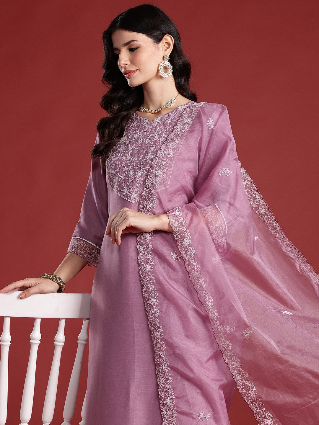 Floral Embroidered Thread Work Kurta with Trousers & Dupatta