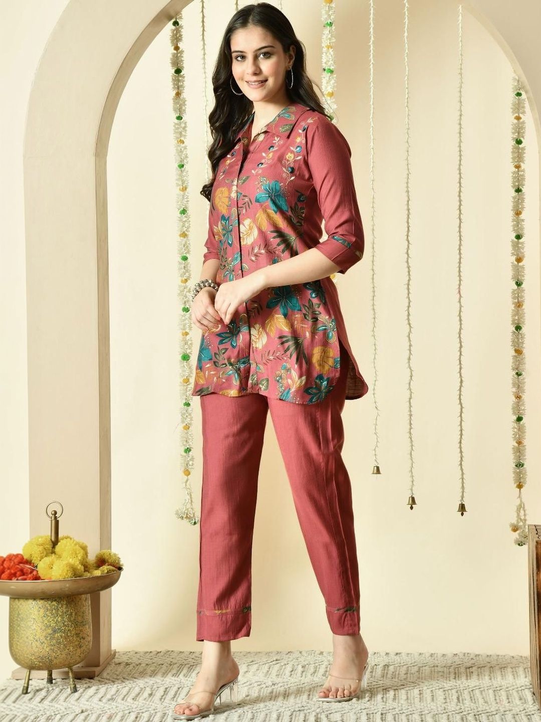 Women Bohemian Embroidered Top with Trousers Co-ords Set