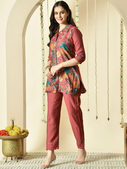 Women Bohemian Embroidered Top with Trousers Co-ords Set