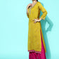 Yellow & Pink Floral Sequinned Embroidered Straight Kurta With Palazzo & Dupatta