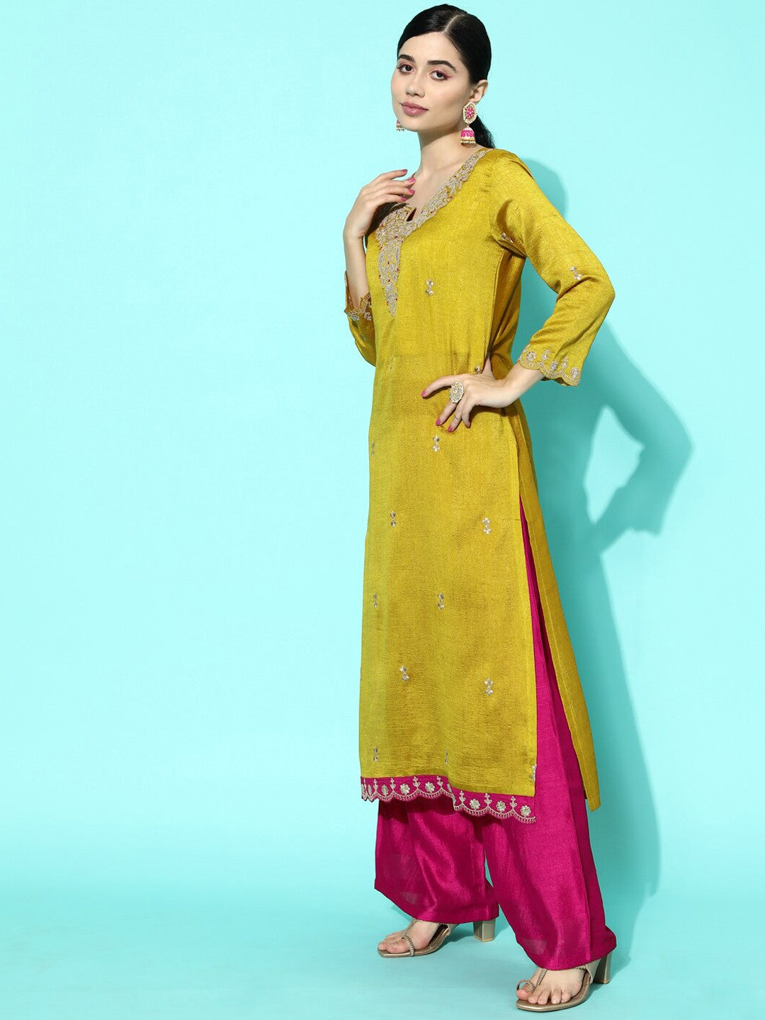 Yellow & Pink Floral Sequinned Embroidered Straight Kurta With Palazzo & Dupatta