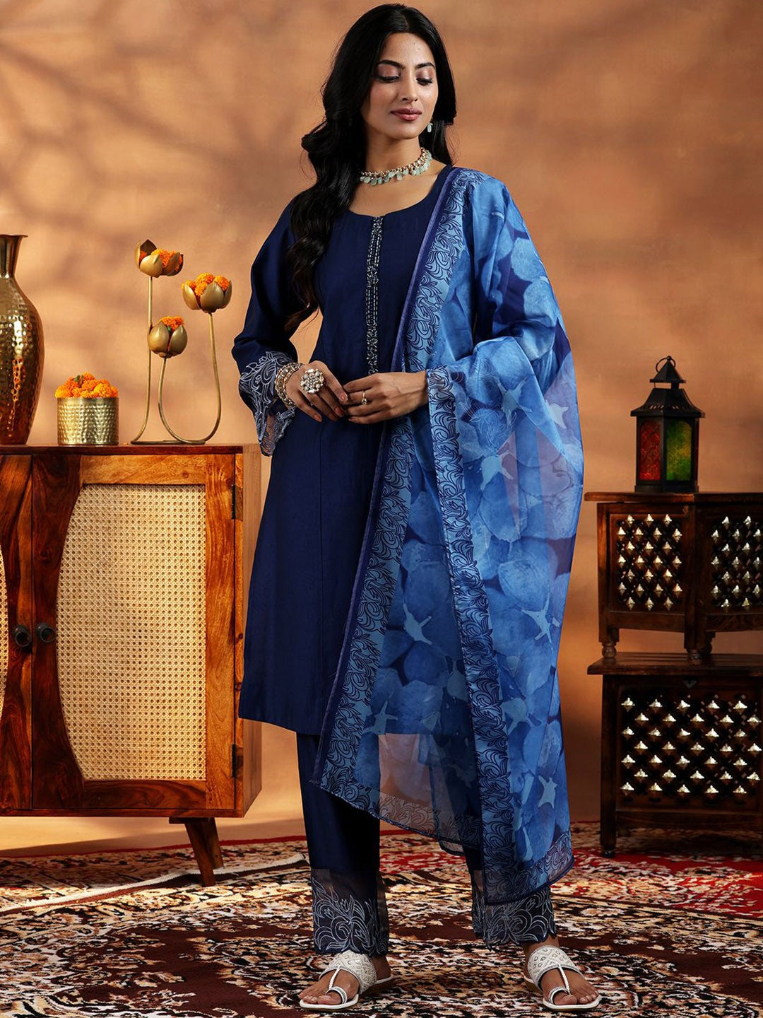 Women Yoke Design Panelled Beads and Stones Kurta with Trousers & With Dupatta