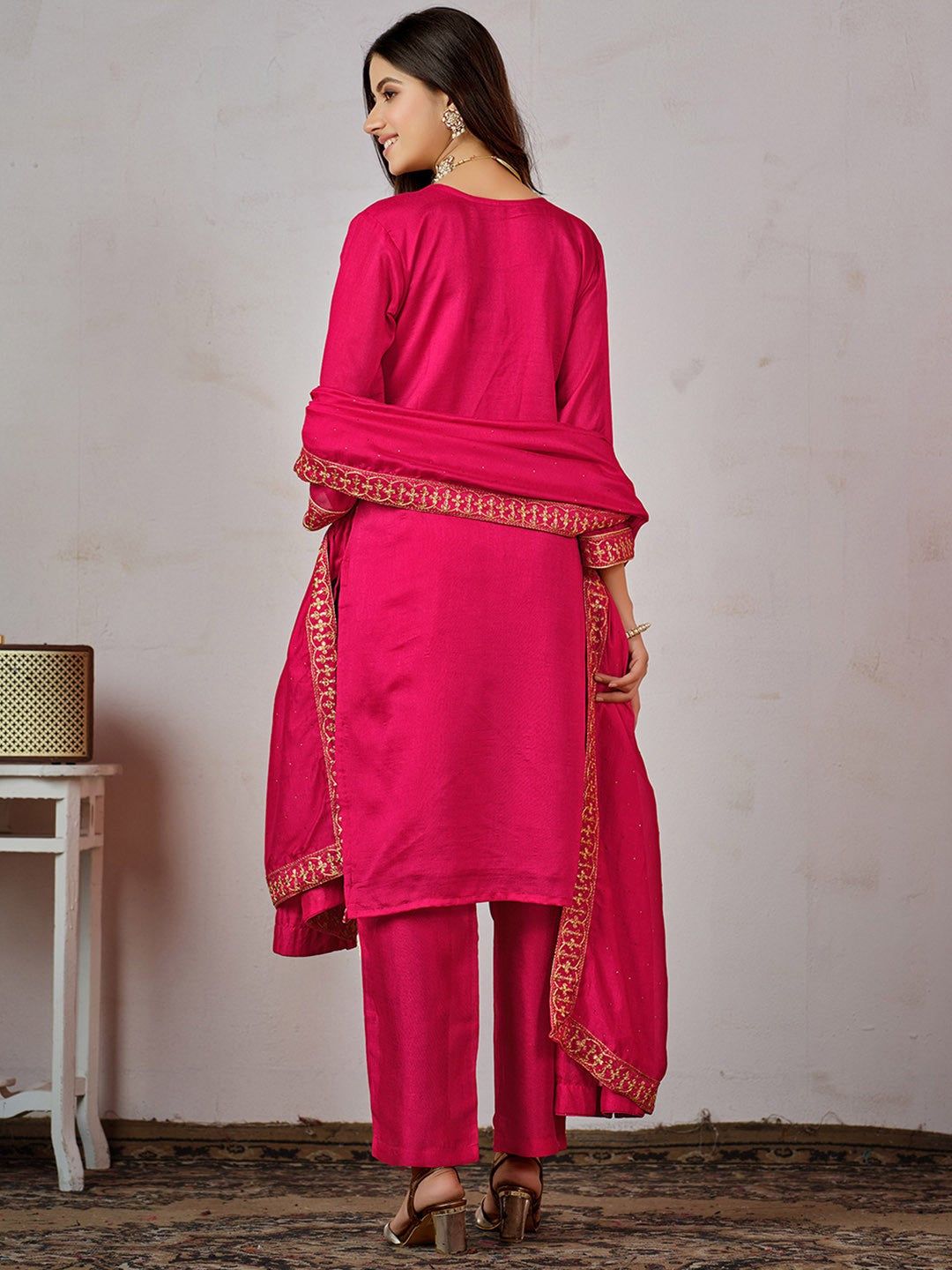 Pink Ethnic Motifs Embroidered Kurta with Churidar & Dupatta