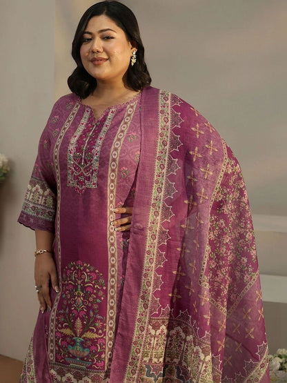 Women Ethnic Motifs Printed Regular Thread Work Linen Kurta with Trousers & With Dupatta