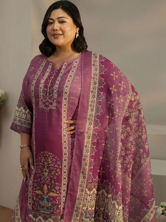 Women Ethnic Motifs Printed Regular Thread Work Linen Kurta with Trousers & With Dupatta