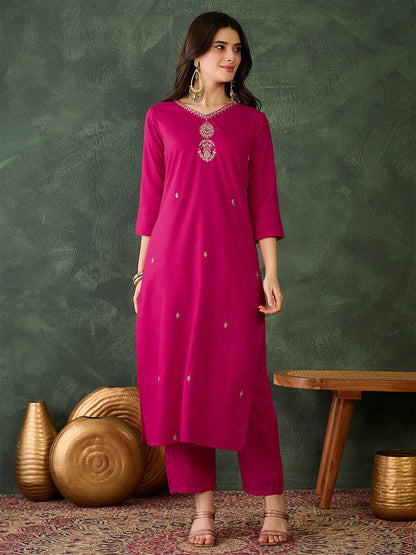 Women Zari V-Neck Straight Kurta With Trousers And Dupatta