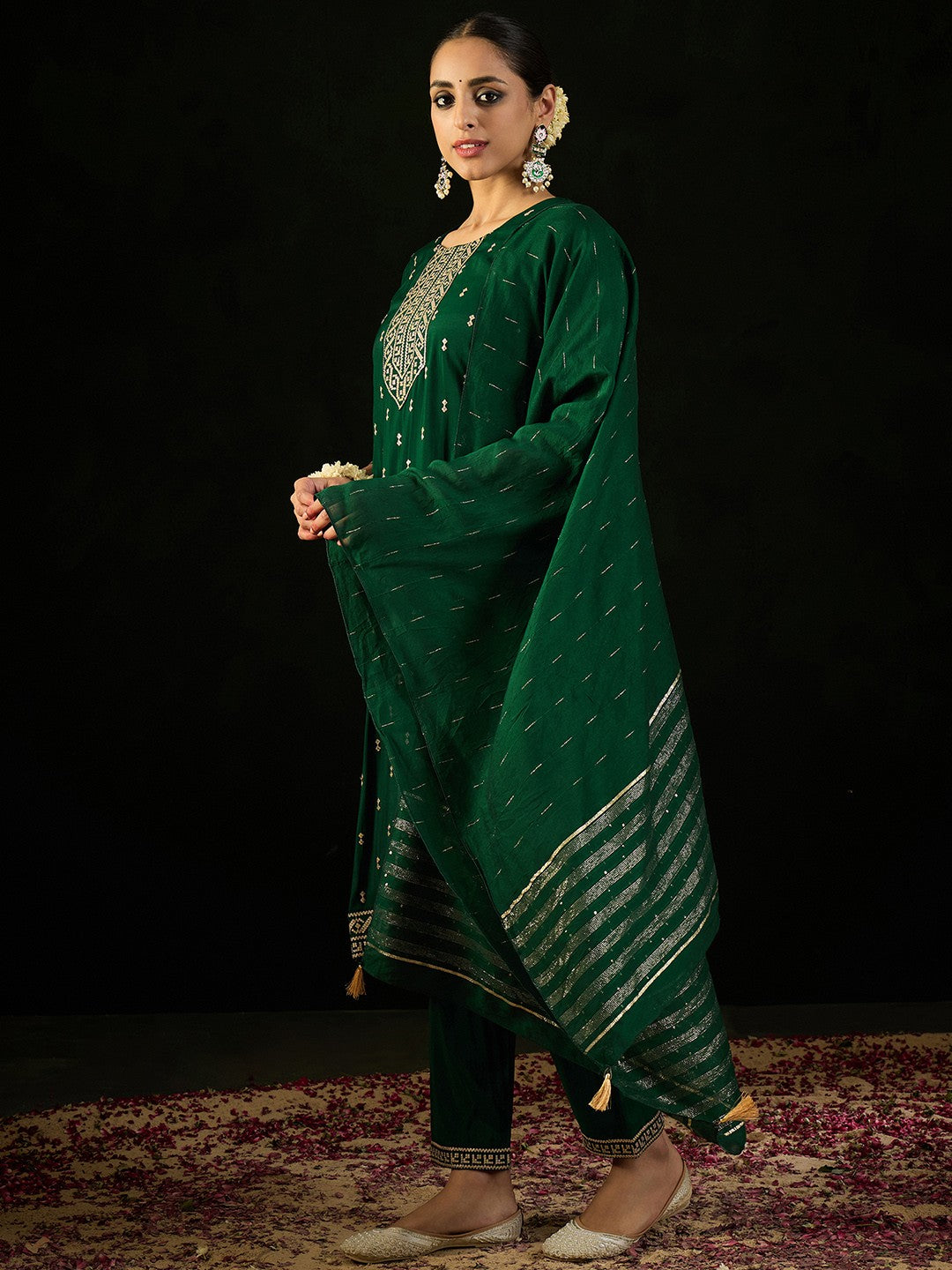 Geometric Embroidered Sequinned Chanderi Silk Straight Kurta & Trousers & Dupatta