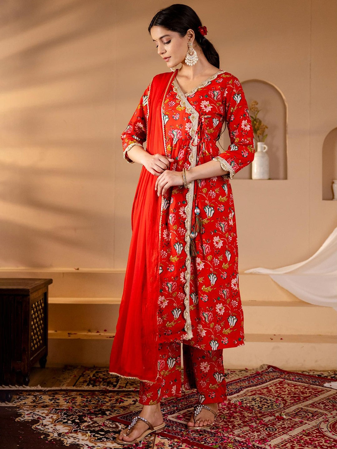 Floral Printed Angrakha Gotta Patti Pure Cotton Kurta with Palazzos & Dupatta