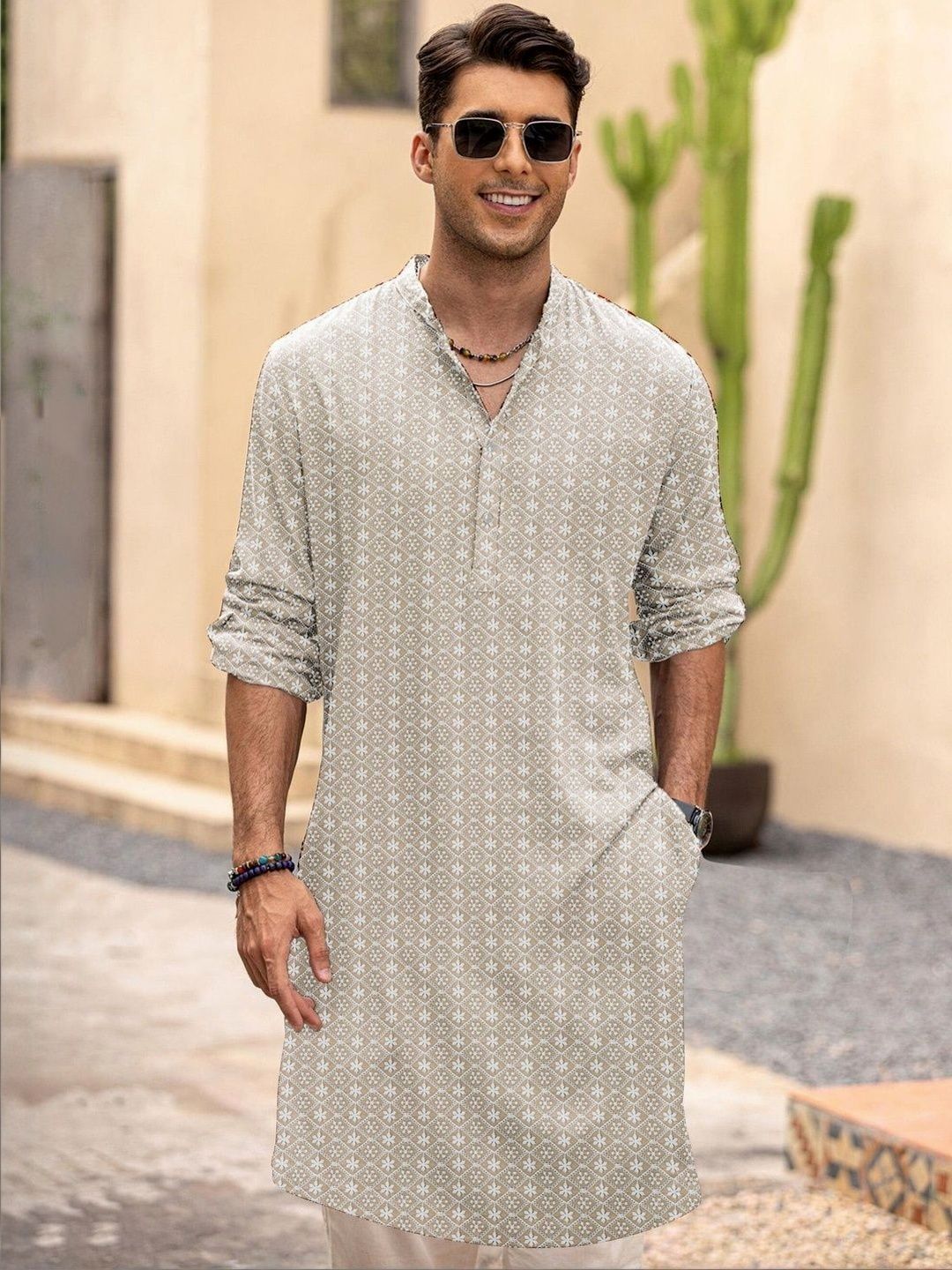 Men Embroidered Regular Kurta with Trousers (Beige)