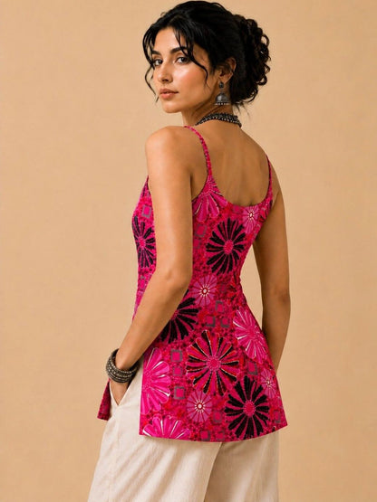 Women Ethnic Rayon Sleeveless Round Neck Backless Short Kurti