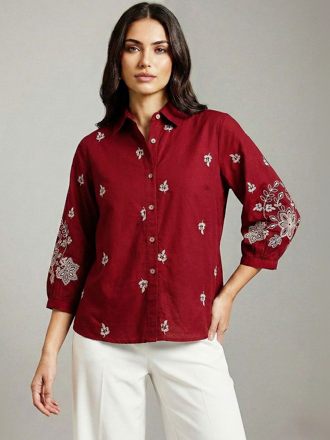 Women Shirt Collar Embroidered Tunic