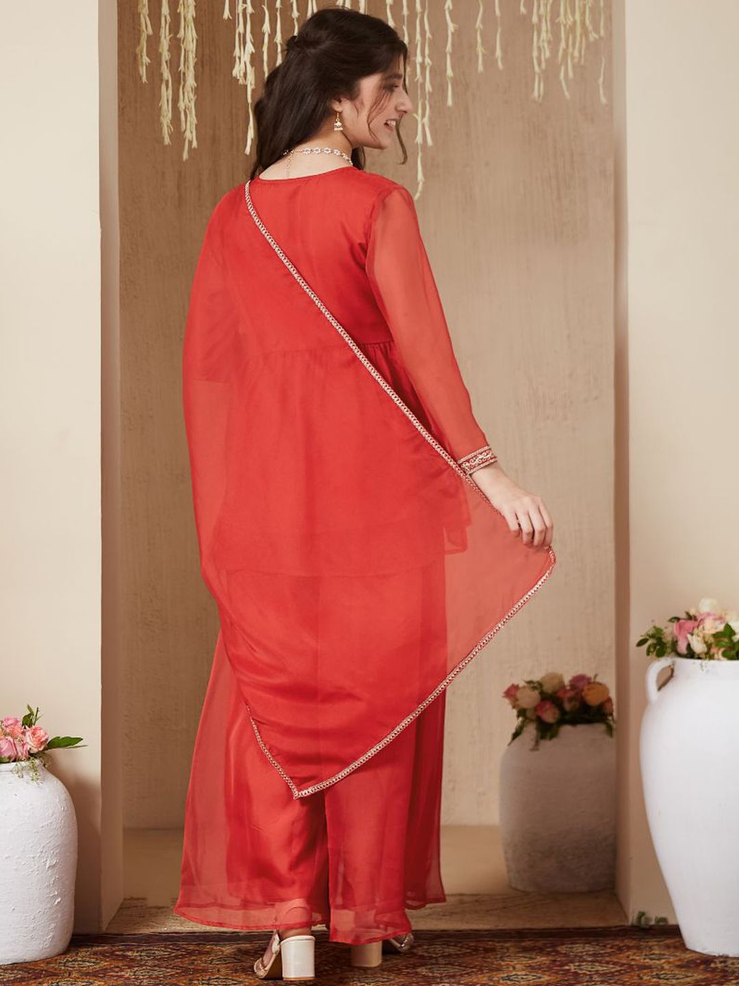 Girls Organza Embroidered Short Kurta and Palazzo Set With Dupatta