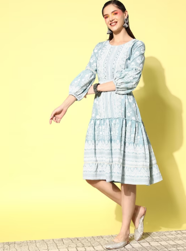 Floral Embroidered Puff Sleeve A-Line Midi Dress
