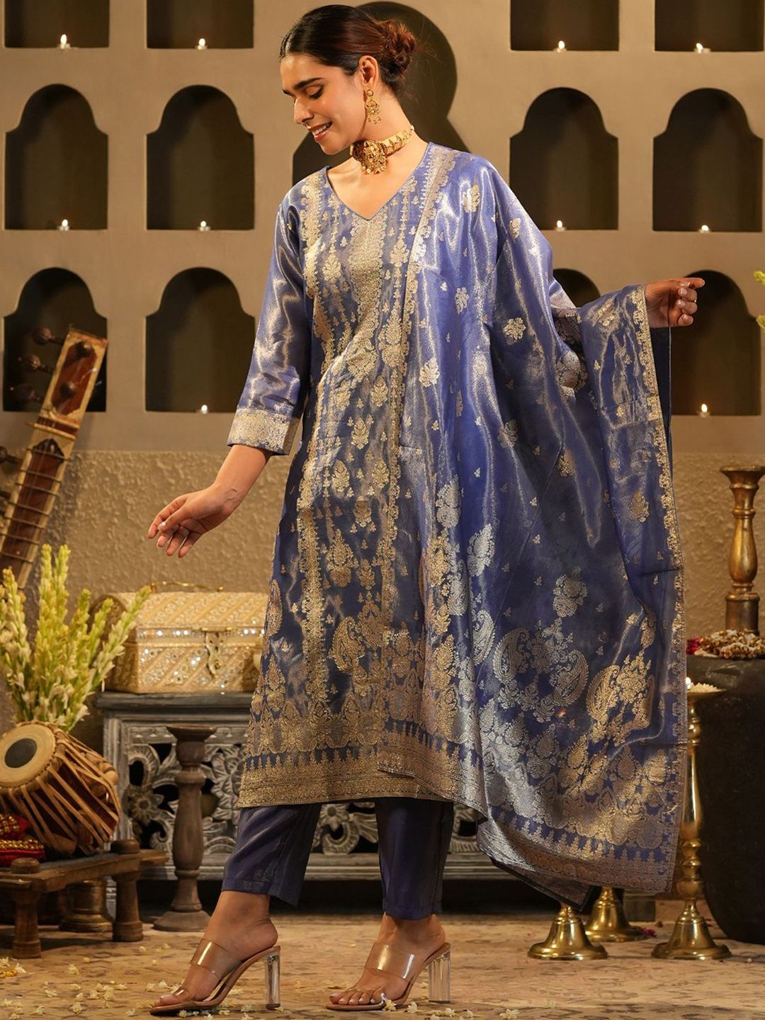 Floral Woven Design V-Neck Liva Zari Straight Kurta & Trousers With Dupatta
