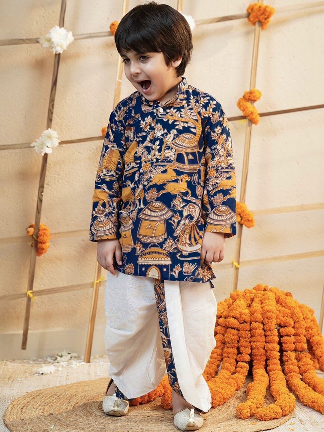 Boys Ethnic Motifs Printed Regular Pure Cotton Kurta with Dhoti Pants