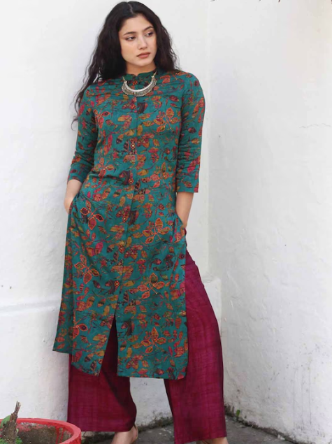 Floral Print Kantha Work Kurta with Palazzos