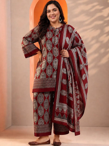 Plus Size Women Ethnic Motifs Printed Kurta with Palazzos & Dupatta