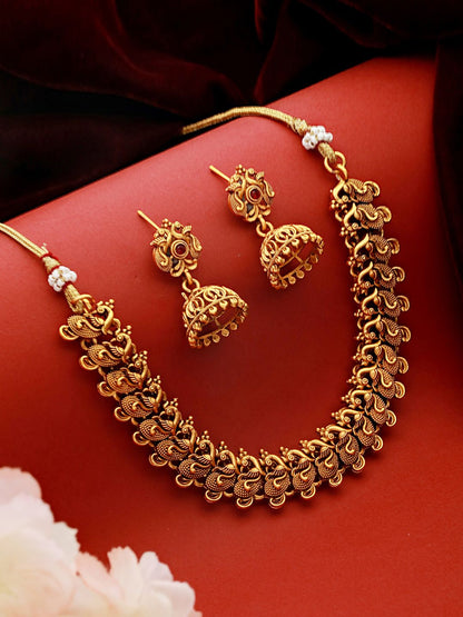 Studded Peacock Motif Temple Jewelry Set