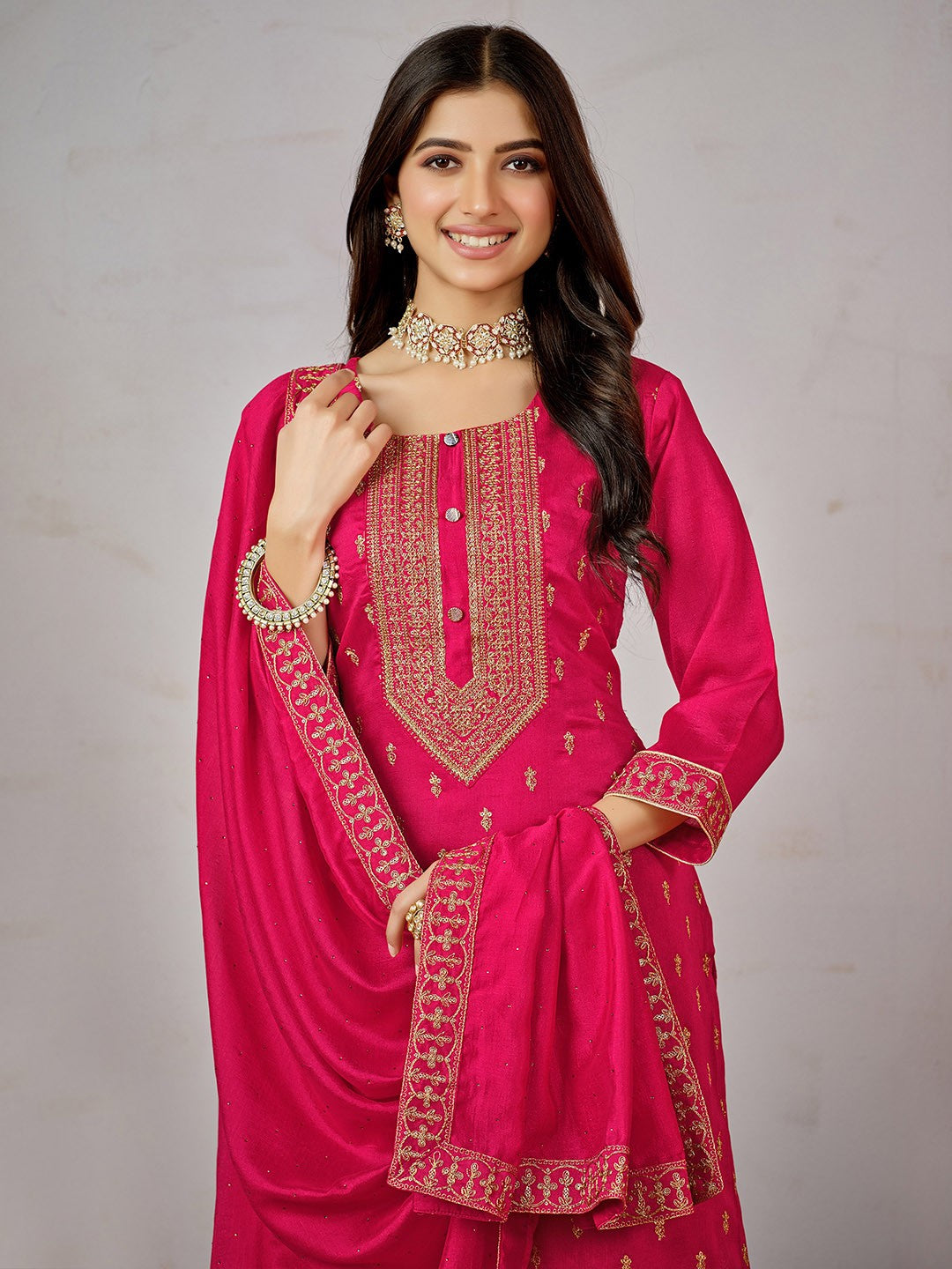 Pink Ethnic Motifs Embroidered Kurta with Churidar & Dupatta