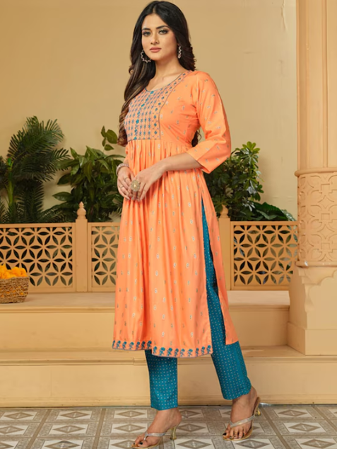 Floral Embroidered Thread Work Kurta & Trousers With Dupatta