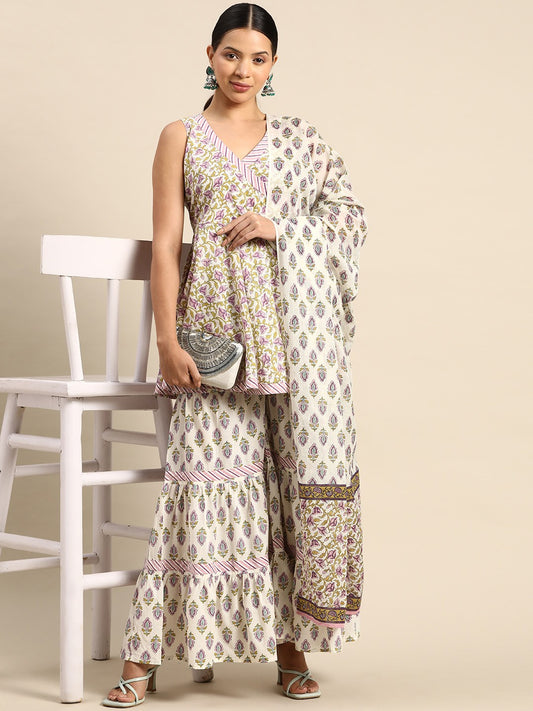 Floral Printed Angrakha Pure Cotton Top with Sharara & With Dupatta