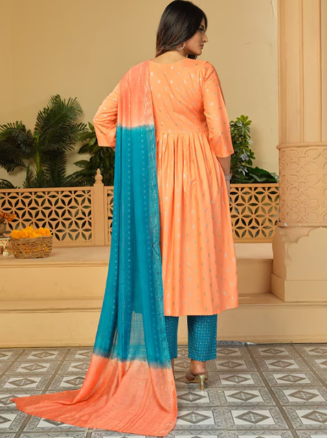 Floral Embroidered Thread Work Kurta & Trousers With Dupatta