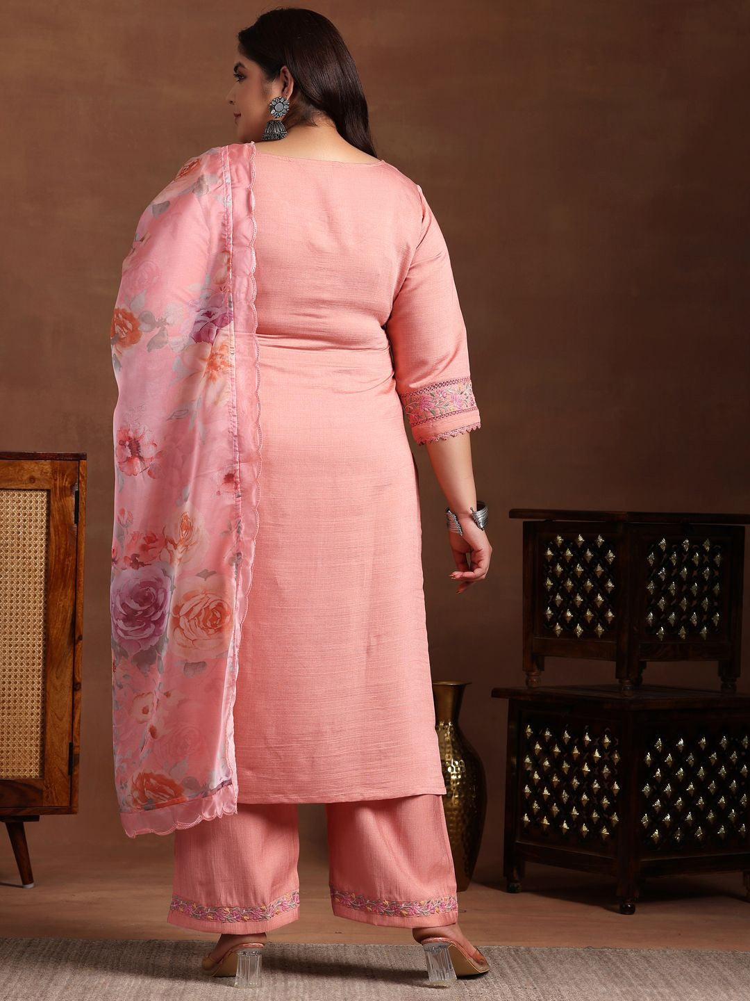 Plus Size Floral Yoke Design Straight Kurta with Palazzo & Dupatta