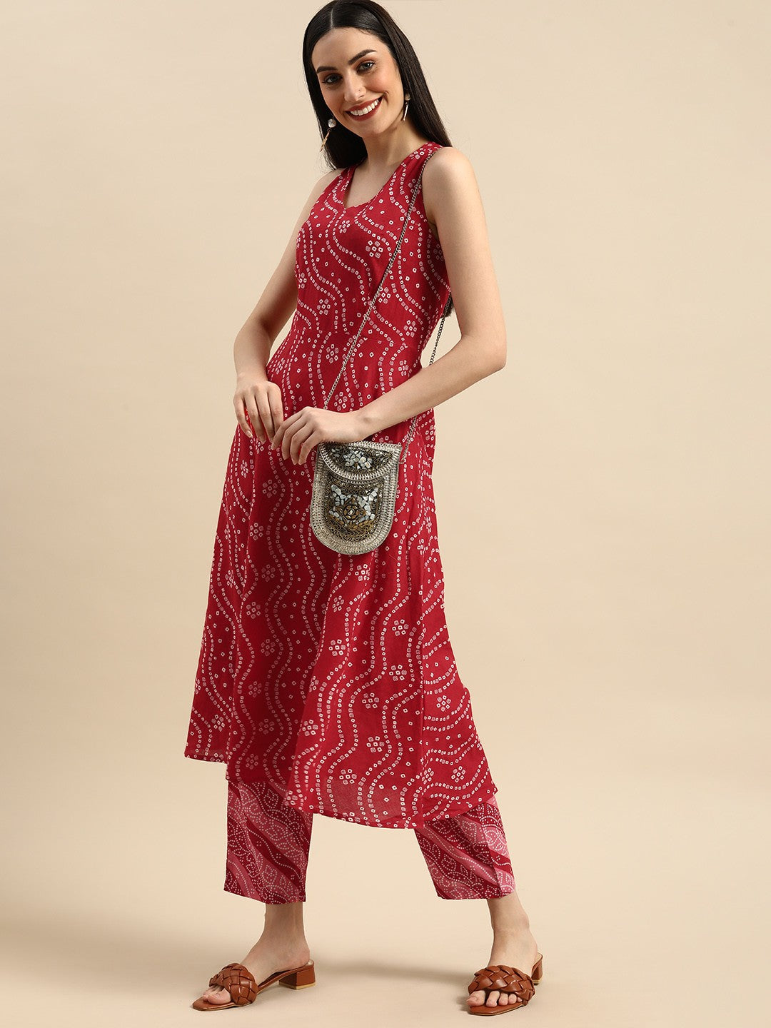 Women Red Printed Anarkali Pure Cotton Kurta with Trousers