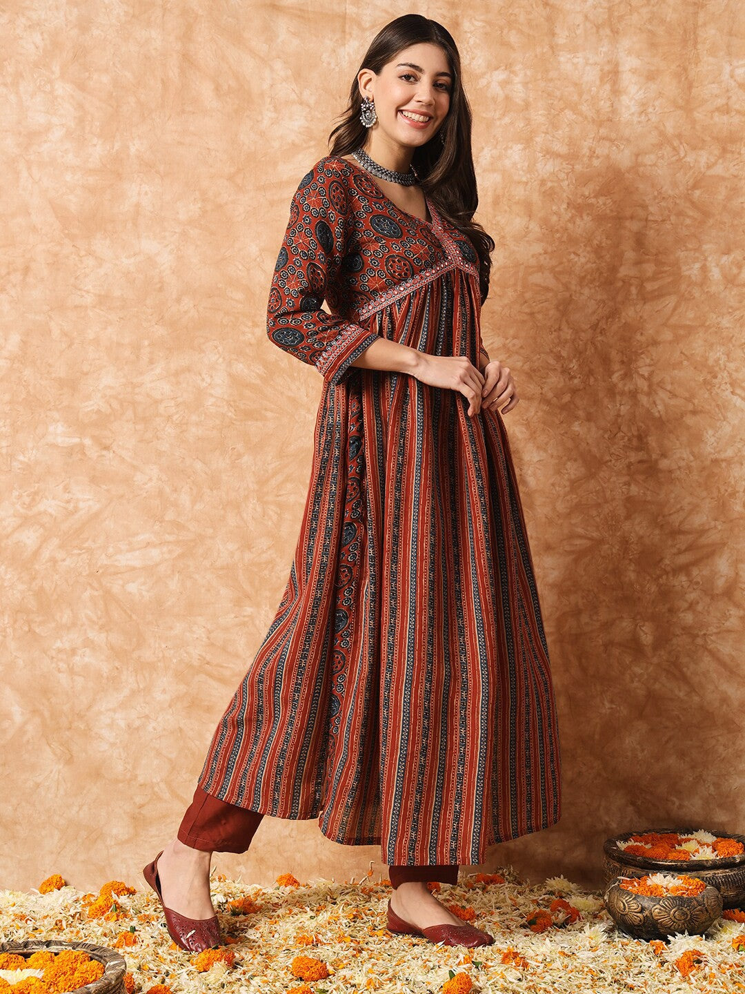 Ethnic Motifs Printed Mirror Work Empire Pure Cotton Kurta with Trousers & Dupatta