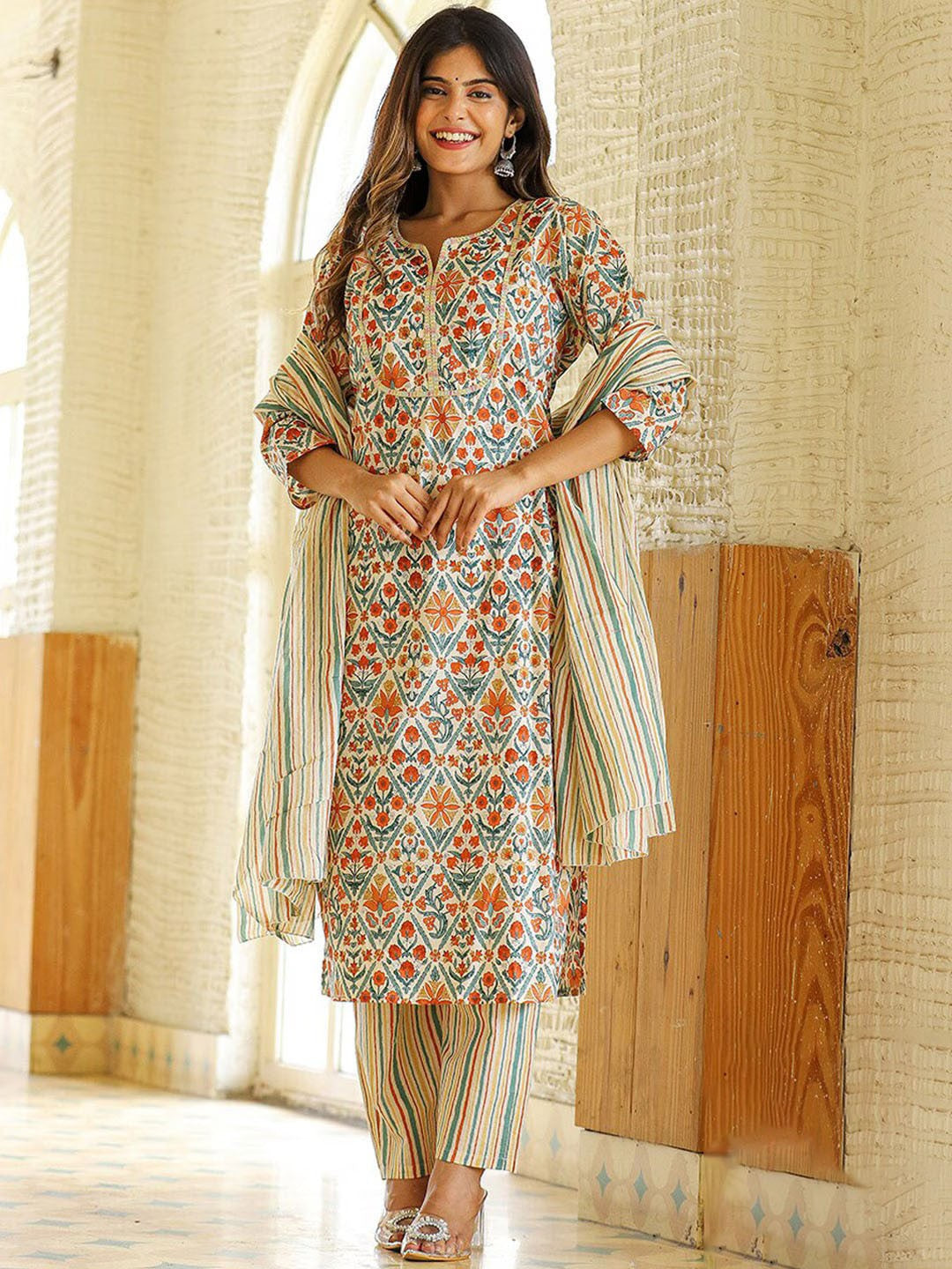 Ethnic Motifs Printed Regular Thread Work Pure Cotton Kurta with Trousers & Dupatta