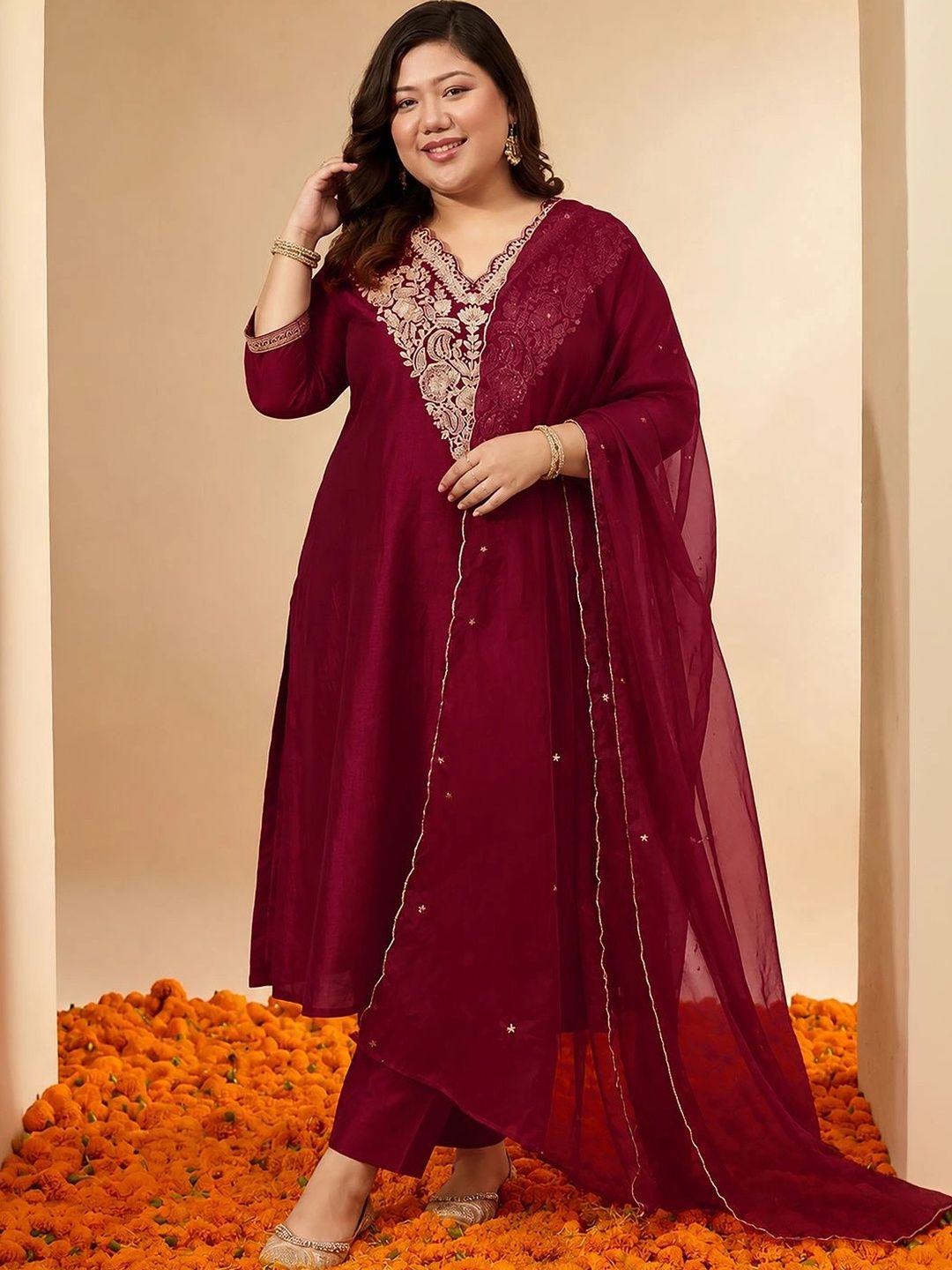 Women Ethnic Motifs Embroidered Angrakha Kurta with Trousers & With Dupatta