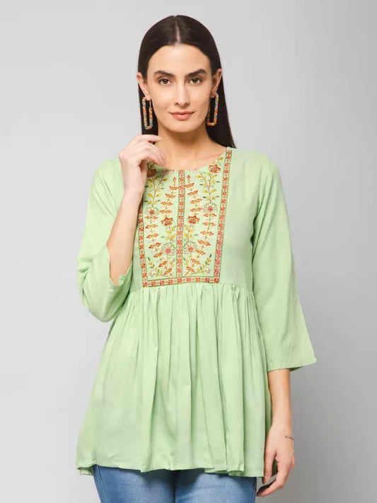 Casual Regular Sleeves Embroidered Women Light Green Top