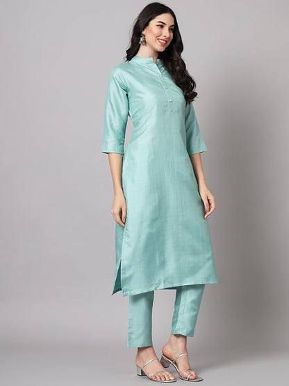 Women's Cotton Silk Blend Straight Kurta with Trouser Pant & Banarasi Silk Dupatta