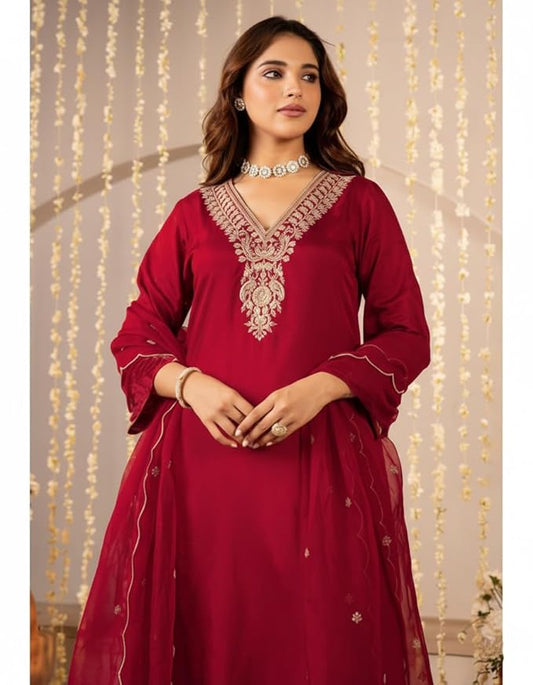 Women Embroidery Solid Anarkali Kurta and Pant Set with Dupatta