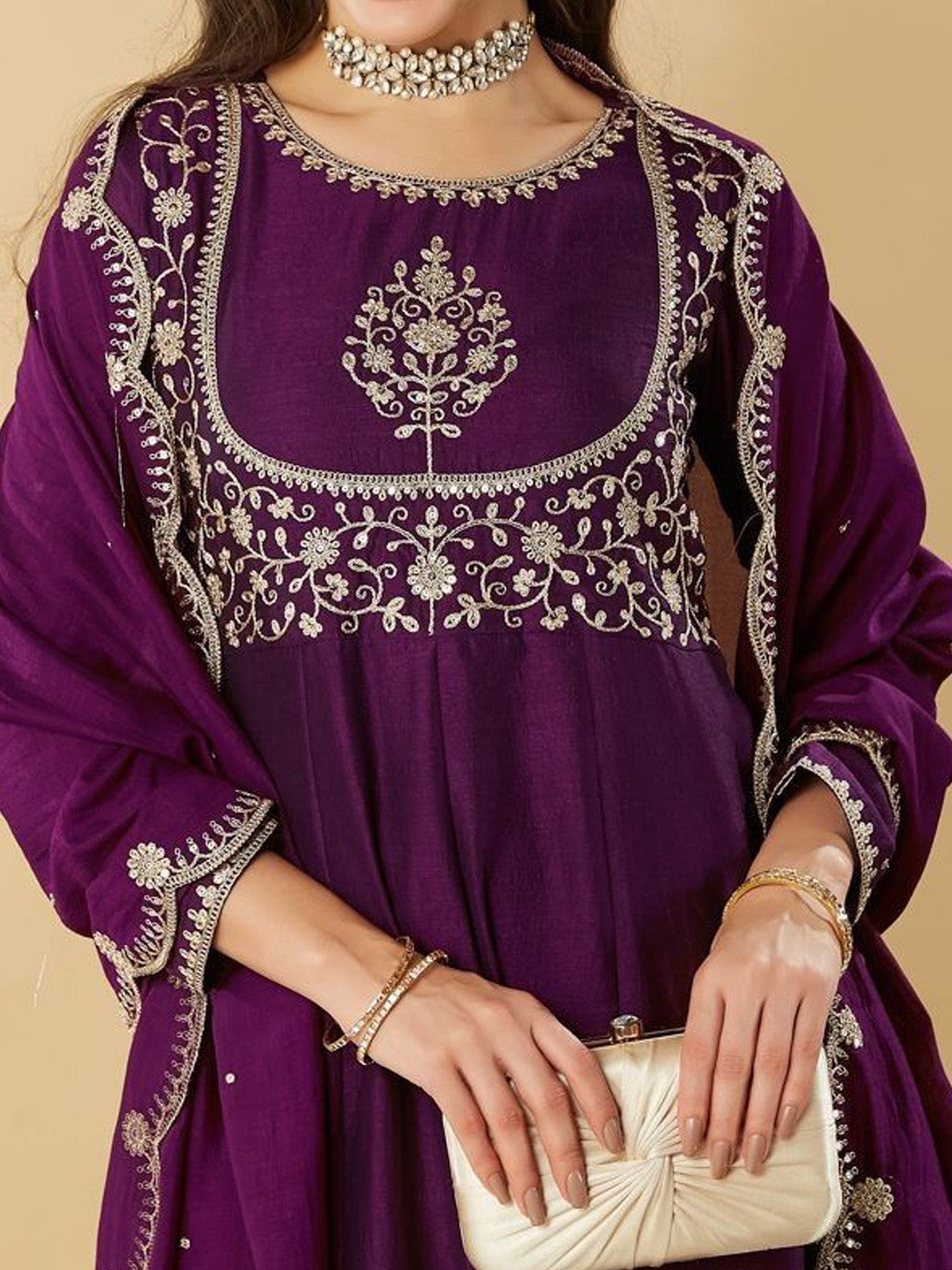 Women Woven Design Embroidered Anarkali Kurta with Trousers & Dupatta