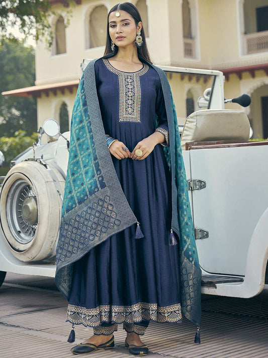 Women Floral Embroidered Pleated Sequinned Kurta with Trousers & With Dupatta
