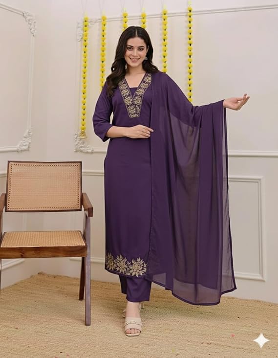 Women Solid Embroidery Kurta and pant set With Dupatta - Amy's Cart