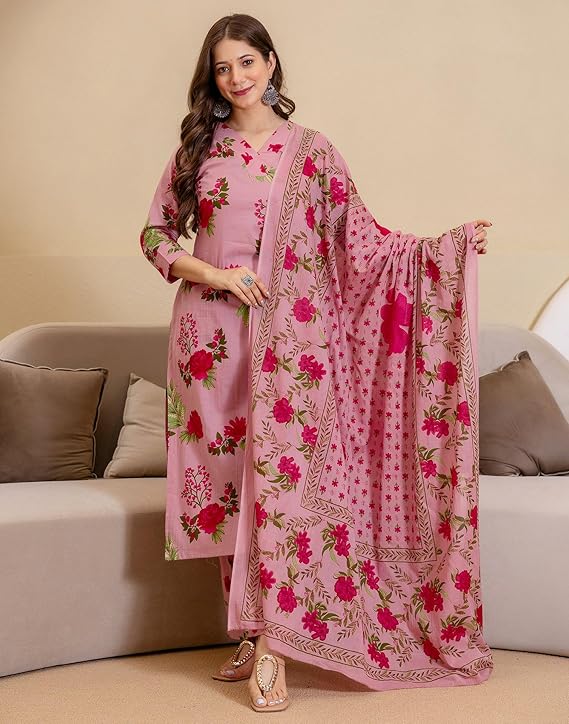 Women's Cotton Floral Printed Straight Kurta with Pant & Dupatta