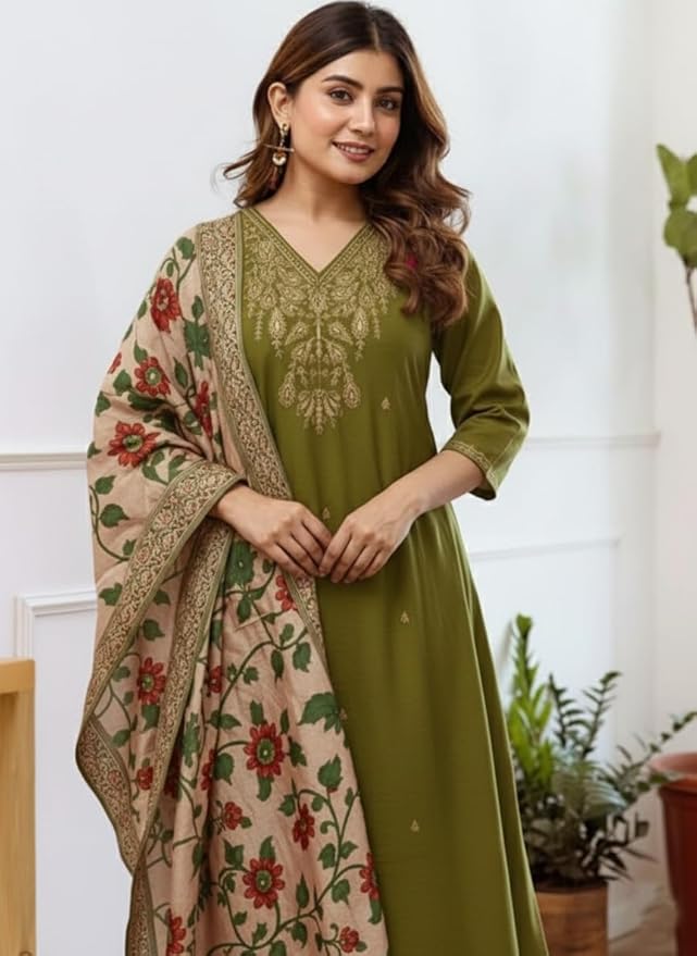 Women Silk Embroidered Kurta and Pant Set with Dupatta