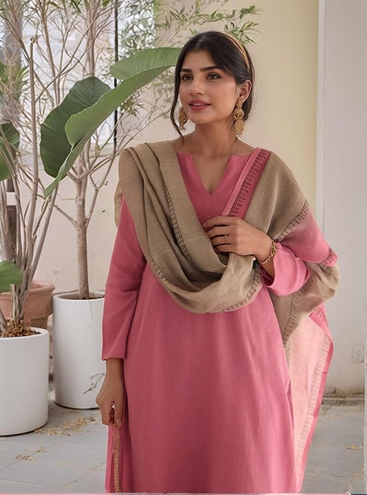 Women's Silk Viscose Straight Solid Kurta with Pant & Dupatta