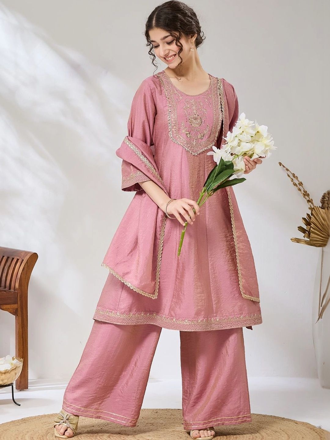 Girls Pink Embroidered Anarkali Kurti And Palazzo With Dupatta Set