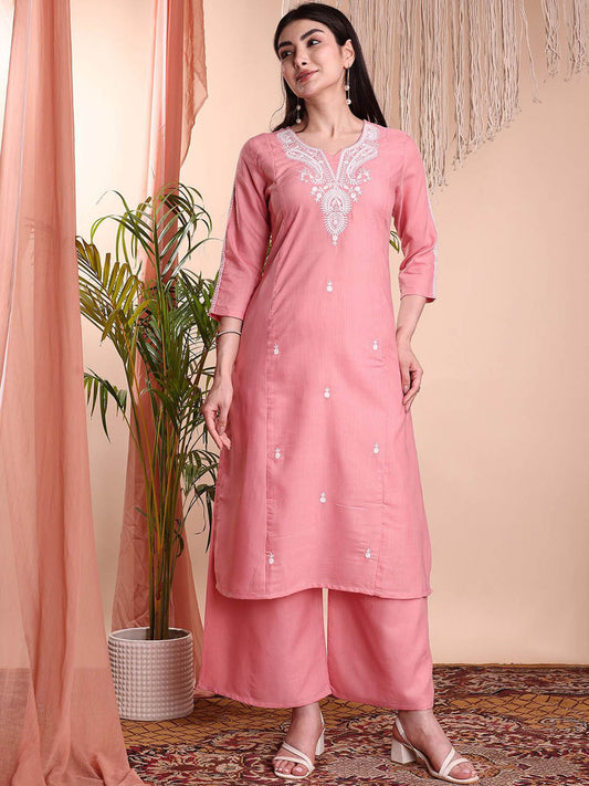Floral Embroidered Notch Neck Chikankari Straight Kurta With Palazzos