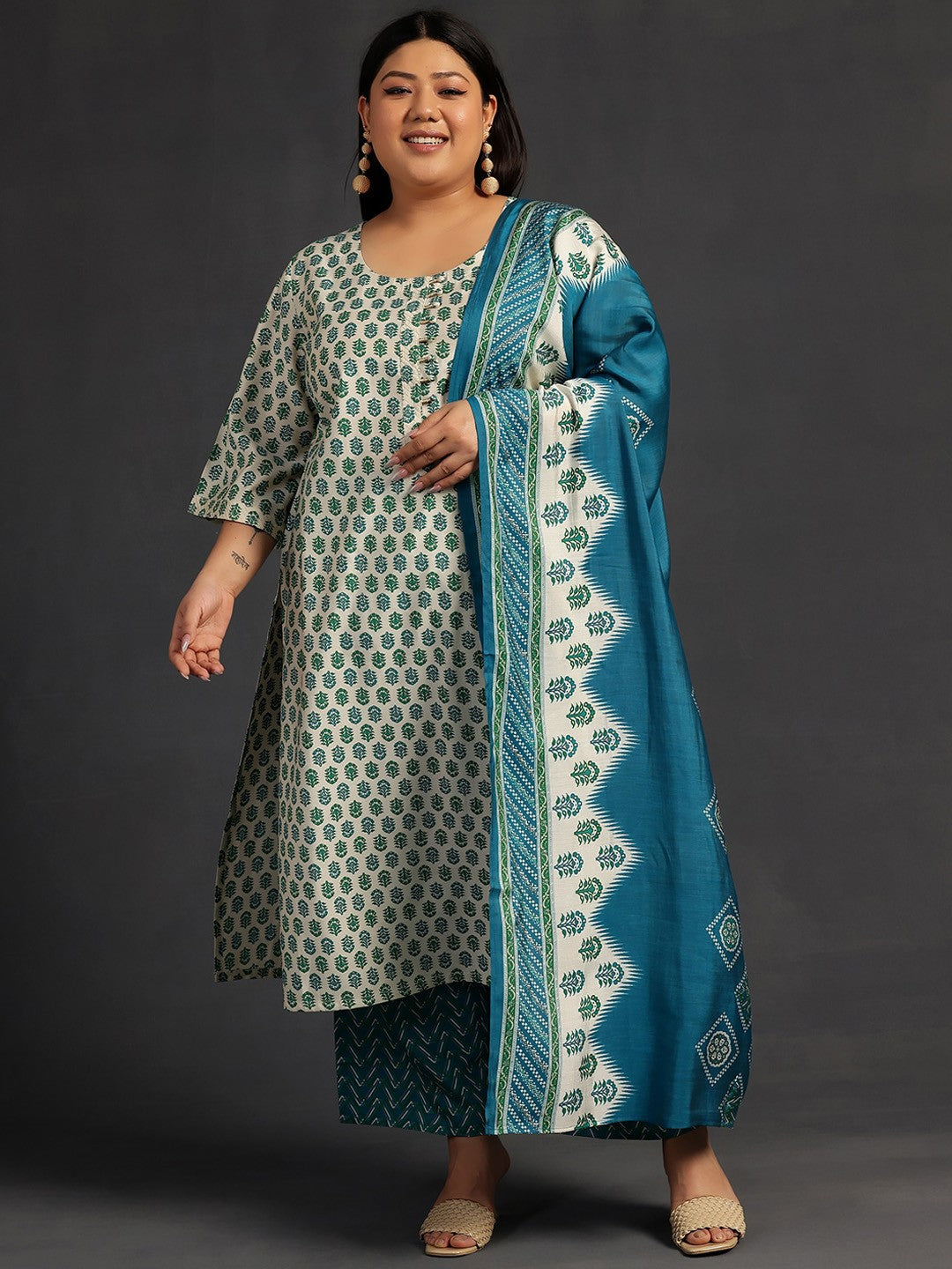 Plus Size Printed Regular Kurta with Palazzos & Dupatta