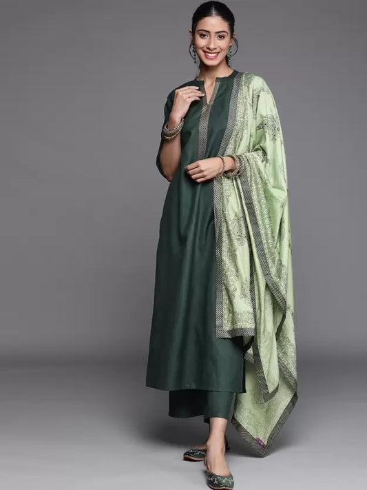 Women Green Regular Pure Cotton Kurta with Palazzos & Dupatta