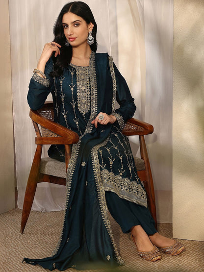 Women Ethnic Motifs Embroidered Regular Thread Work Kurta with Trousers & With Dupatta