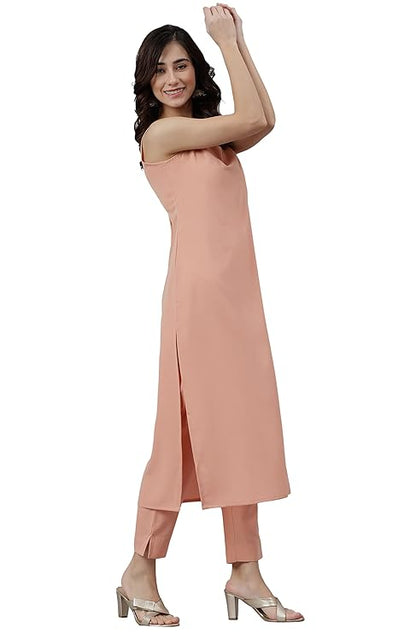 Women's Peach Poly Crepe Solid Kurta with Pant and Dupatta - Amy's Cart