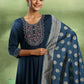 Womens Navy Blue Yoke Design Viscose Anarkali Kurta With Trousers & Dupatta