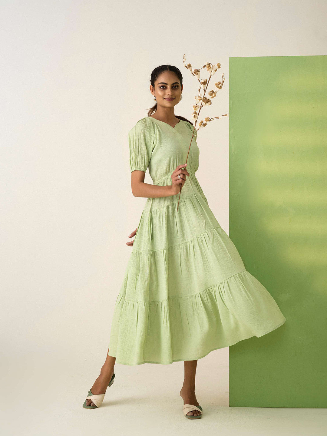The Lifestyle Co Women Sweetheart Neck Puff Sleeve Fit & Flare Tiered Midi Dress