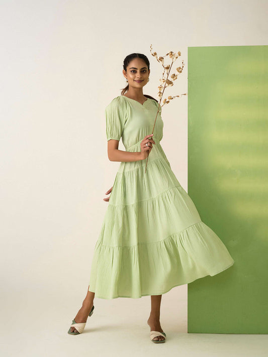 The Lifestyle Co Women Sweetheart Neck Puff Sleeve Fit & Flare Tiered Midi Dress
