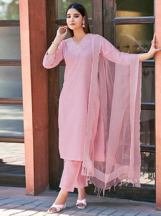 Women's Cotton Blend Embroidery Straight Kurta with Pant and Self Woven Dupatta